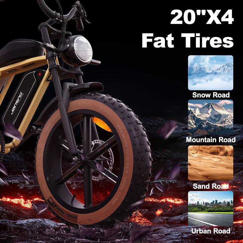 750W 48V 20" Fat Tire E-Bike, 120KM Range Dual Battery, 25° Climb, 330LBS Load, 20" Anti-Puncture Tires, Removable Battery, for