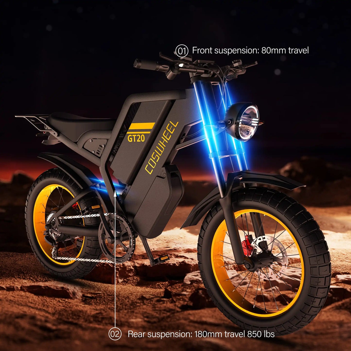Electric Off-Road Bike COSWHEEL GT20 Max 20" 2000W 40Mph 60V 40AH(25+15) 140Mile 7 Speed Adult Unisex Full Suspension