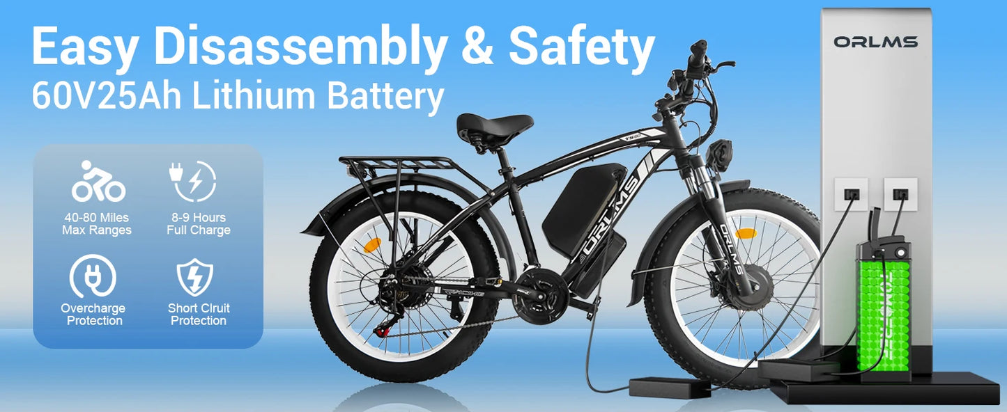 Electric Bike 2000W Dual Motor 60V25AH Removable Lithium Battery E Bike Dual Hydraulic Brakes 26-inch Fat Tires Electric Bicycle