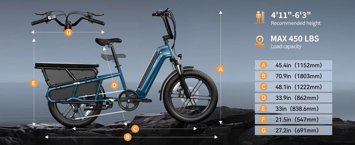 SISIGAD K008 Electric Bike 1500W motor, 28MPH speed, 80-mile range, 20" fat tires, 7-speed cargo e-bike.