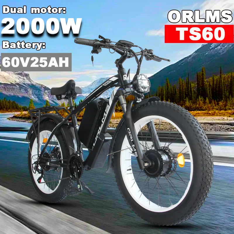 Electric Bike 2000W Dual Motor 60V25AH Removable Lithium Battery E Bike Dual Hydraulic Brakes 26-inch Fat Tires Electric Bicycle