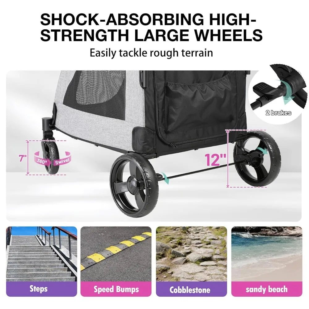 XL Extra Large Dog Stroller - Adjustable Handles, Lightweight Folding Pet Stroller, All-Terrain 4 Wheel for 2 Medium Dogs