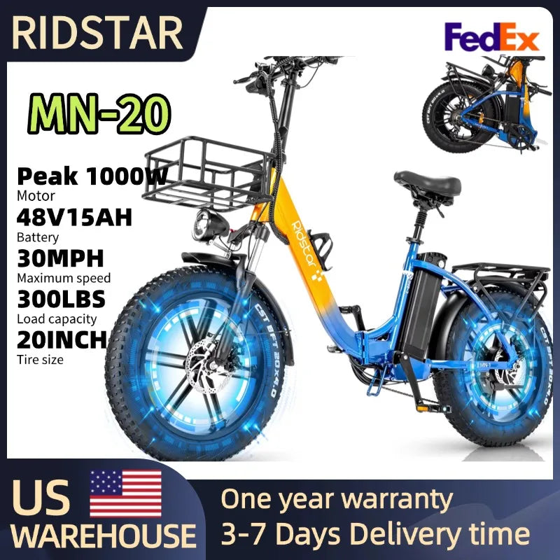 Ridstar Folding Electric Bike 1000W 30MPH 48V 15Ah Removable Battery 20" Fat Tire City Commuter Foldable EBike for Women UL2849