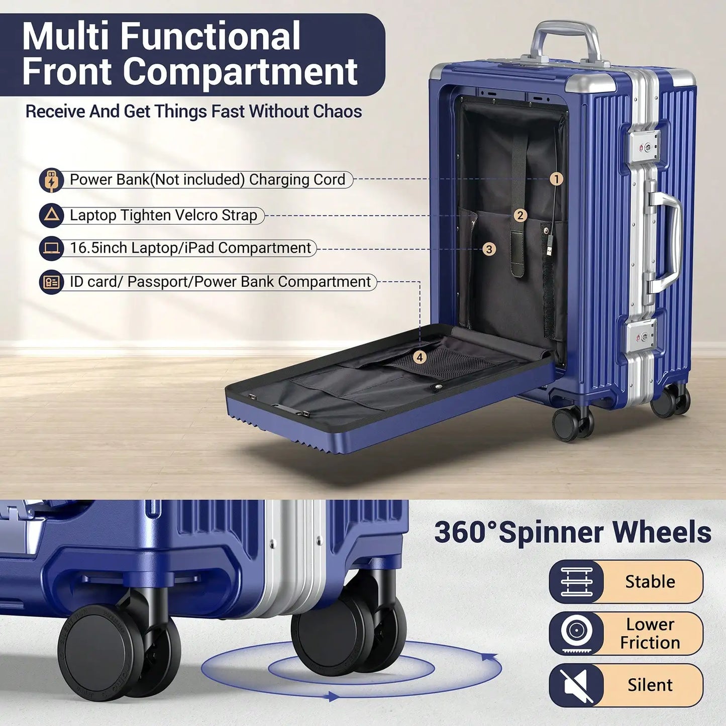 Aluminum Framed Carry On Luggage, Airline Approved 22x14x9" Suitcase with Spinner Wheels, Front Laptop Compartment & Cup Holder