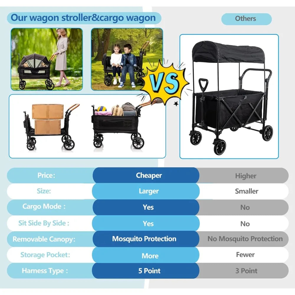 Wagon Stroller for 2 Kids & Cargo-Travel Stroller Push-Pull Double Wagon Lightweight Folding Stroller
