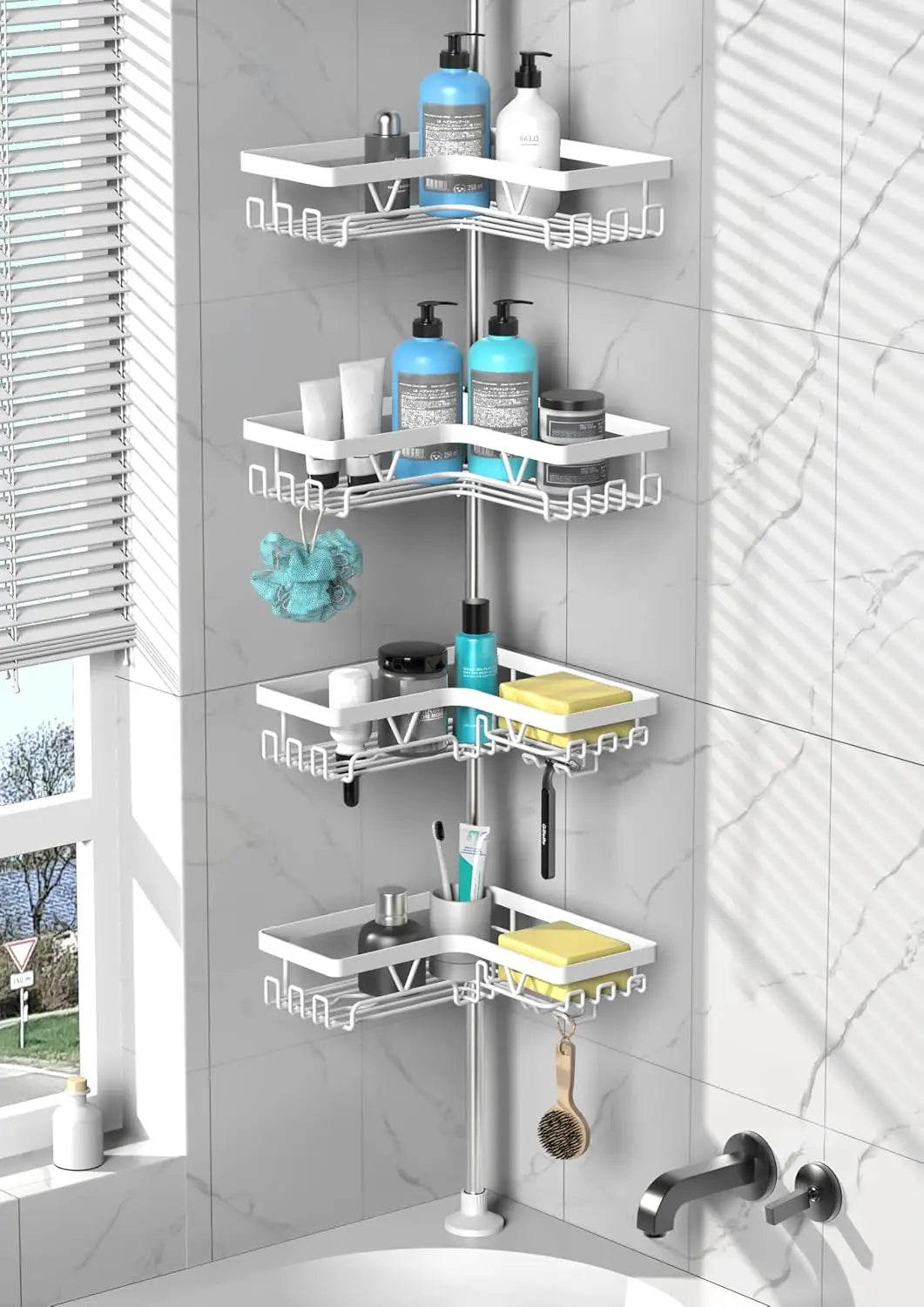 Corner Shower Caddy Tension Pole - 4 Tier Stainless Steel Rustproof Shower Corner Caddy for Bathtub Bathroom Shower Organizer