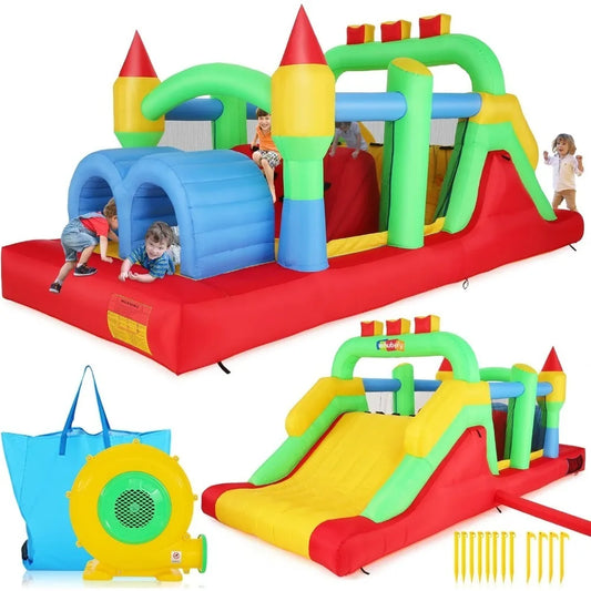 Free Delivery , Inflatable Bounce House Obstacle Course for Big Kids 3-6 8-12 with Large Slide, Racing Crawl Tunnels - Hot Sale.