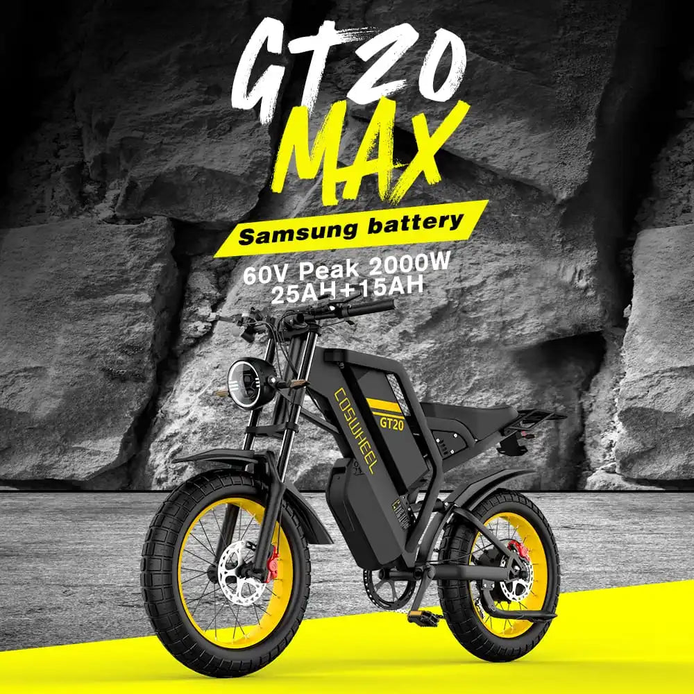 Electric Off-Road Bike COSWHEEL GT20 Max 20" 2000W 40Mph 60V 40AH(25+15) 140Mile 7 Speed Adult Unisex Full Suspension