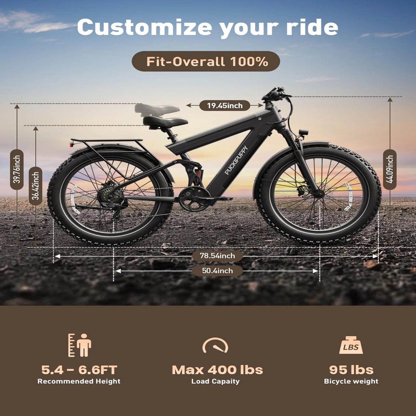 PUCKIPUPPY Dual Battery Electric Bike for Adults 1350W 48V 30AH Ebike 26" Fat Tire Full Suspension Electric Mountain Bike