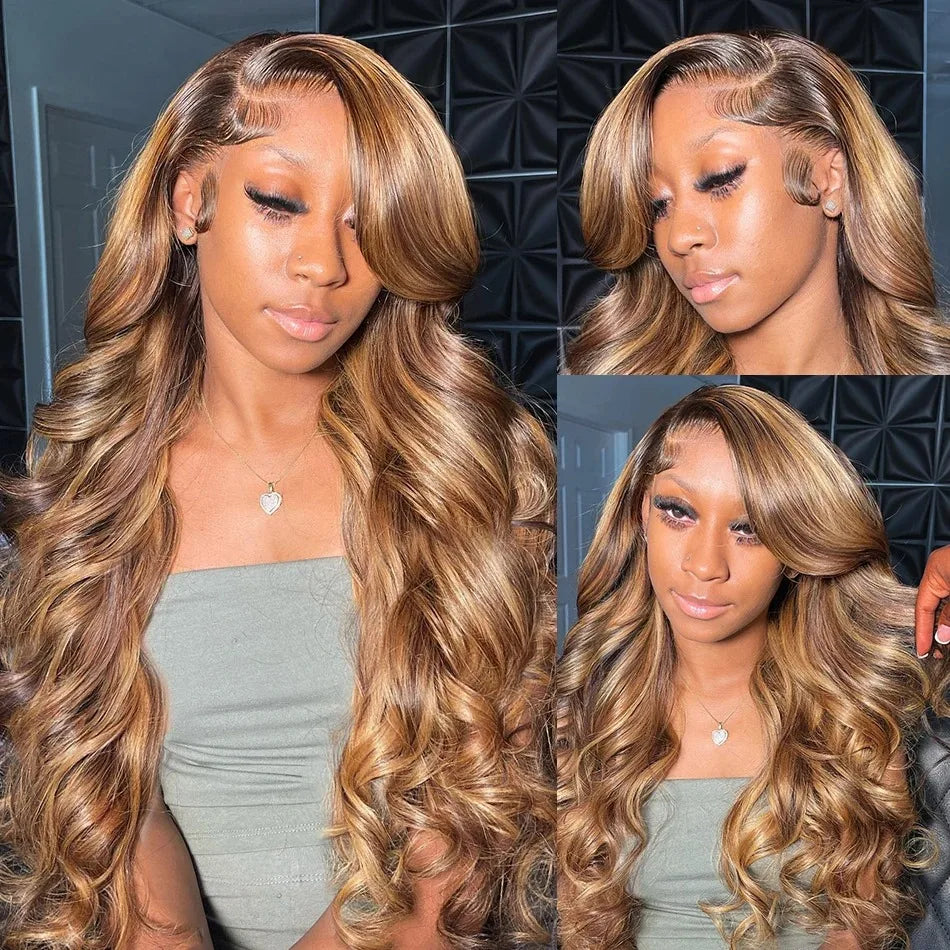 250 Density Highlight Ombre 100% Human Hair 13x6 HD Lace Frontal Wigs Body Wave 13x4 Lace Front Wig Water Loose Brown Brazilian