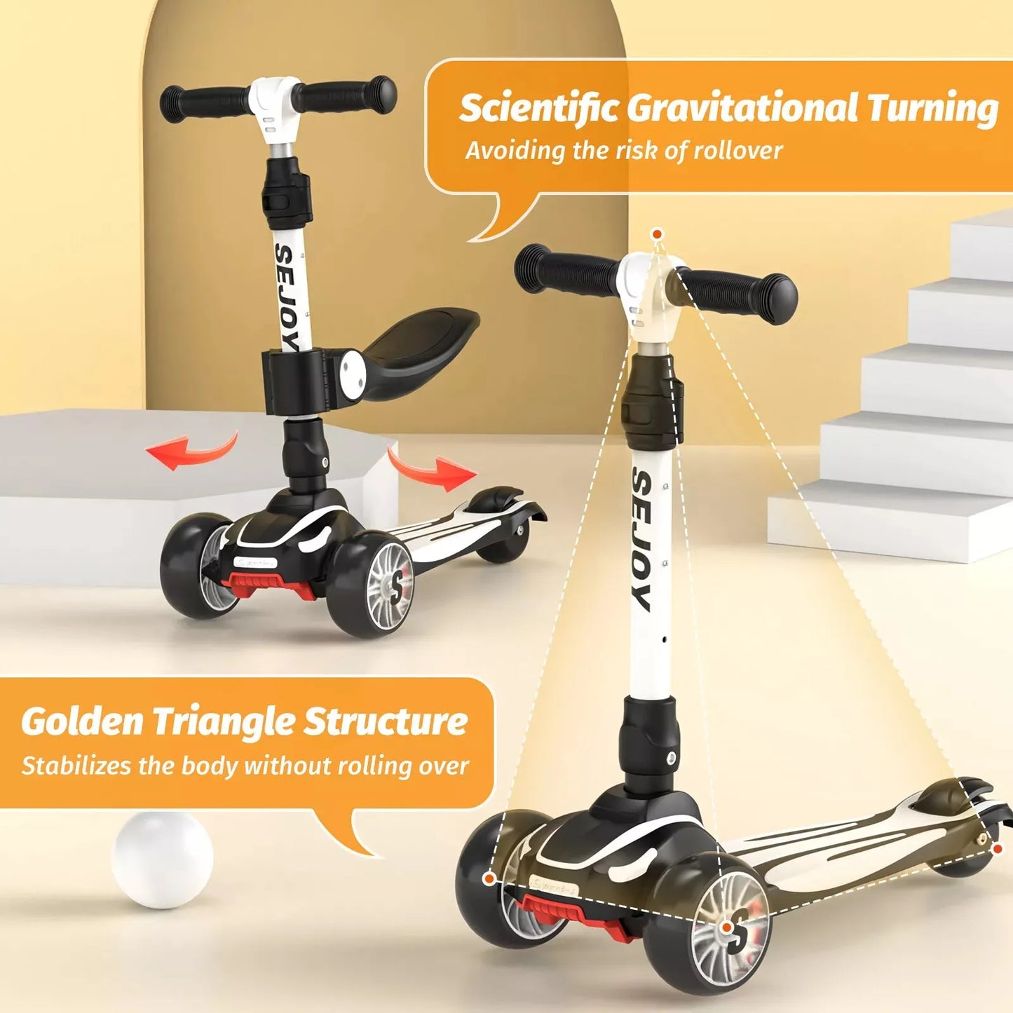Sejoy Toddler Kick Scooter for Kids Childrens Foldable Seat Outside Bike Toy Scooter with Adjustable Height/Handlebars