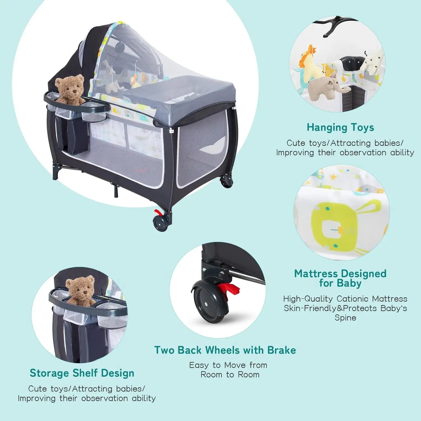 4 in 1 Pack and Play,Portable Baby Crib Deluxe Nursery Center, Foldable Travel Playard with Bassinet,Adjustable Canopy