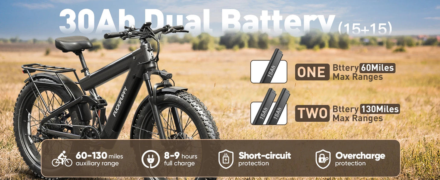 PUCKIPUPPY Dual Battery Electric Bike for Adults 1350W 48V 30AH Ebike 26" Fat Tire Full Suspension Electric Mountain Bike