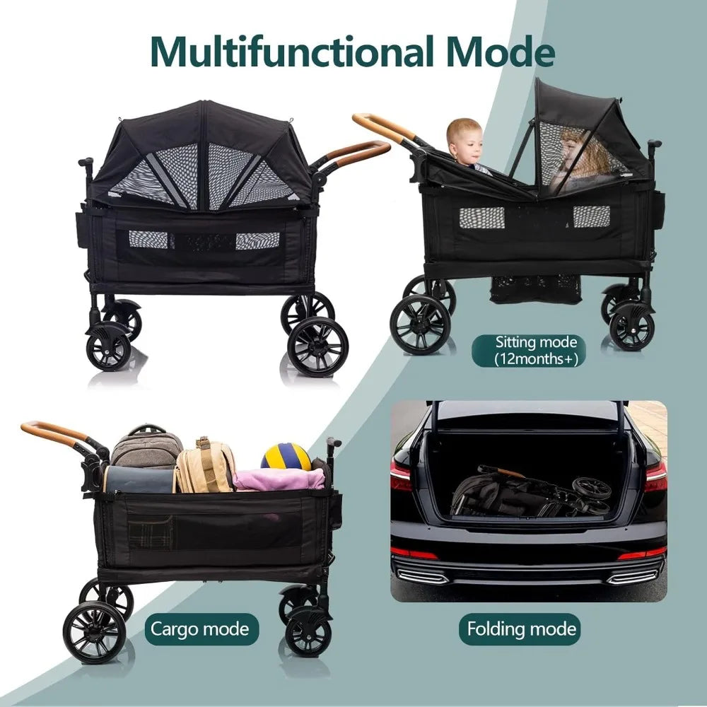 Wagon Stroller for 2 Kids & Cargo-Travel Stroller Push-Pull Double Wagon Lightweight Folding Stroller