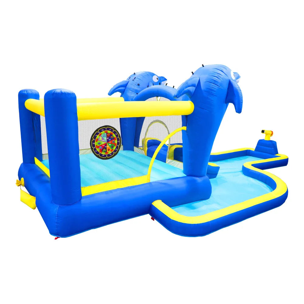 6 in1 Inflatable slide water park trampoline bouncing house outdoor garden with  Dolphin sprinkler & Target games & Water gun