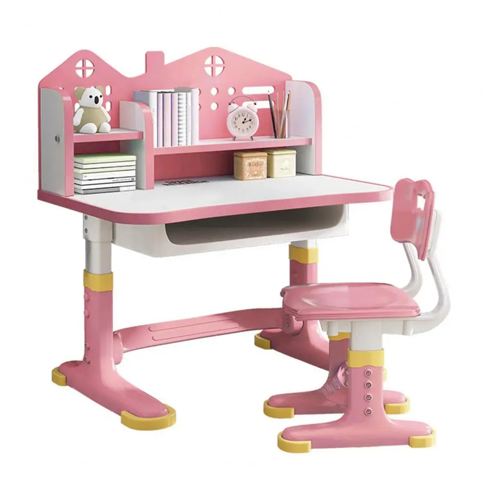 Kids Functional Desk Chair Set Height Adjustable Children School Study Desk with Castle Backboard, Widened Desktop, Bookstand