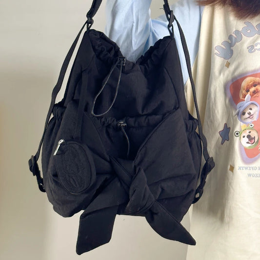 Women Simple Shoulder Bag Large Capacity Bow Daily Tote Handbag Solid Color Casual Backpack Ladies Travel Backpack
