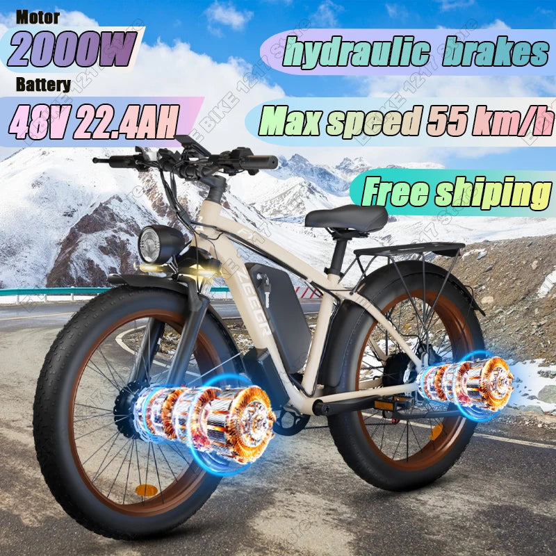 Electric bike F1 2000w Dual Motor 48V 22AH battery Adult Electric Bicycle 26inch tire Hydraulic brake Snow beach Mountain E bike