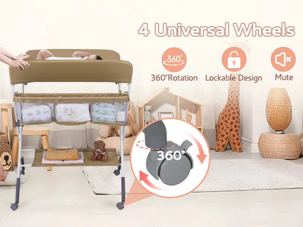 Portable Baby Changing Table with Wheels, Foldable Changing Station, Waterproof Height Adjustable Changing Table