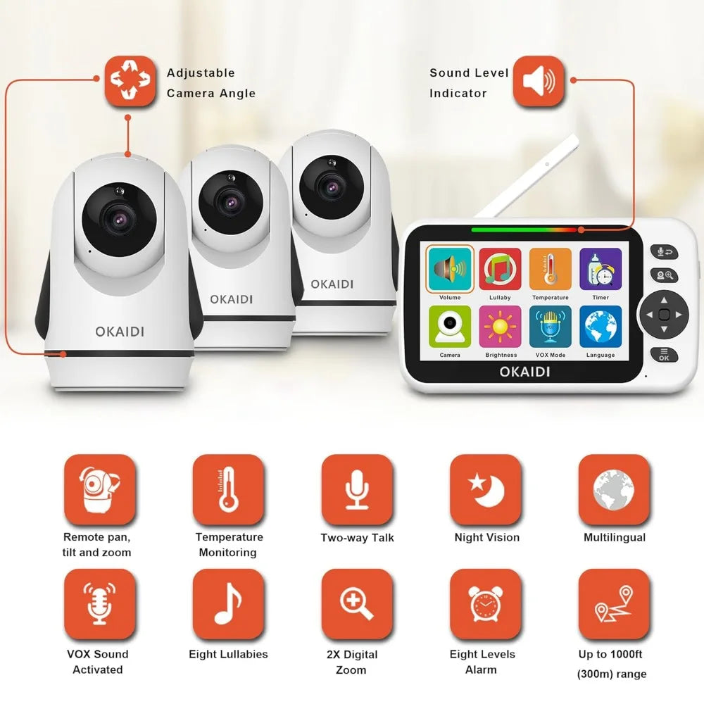 Video Baby Monitor with 3 Cameras, 5" Display Baby Monitor No WiFi, 30H Battery and 1000ft Range, 2-Way Talk, 8 Lullabies, Remot