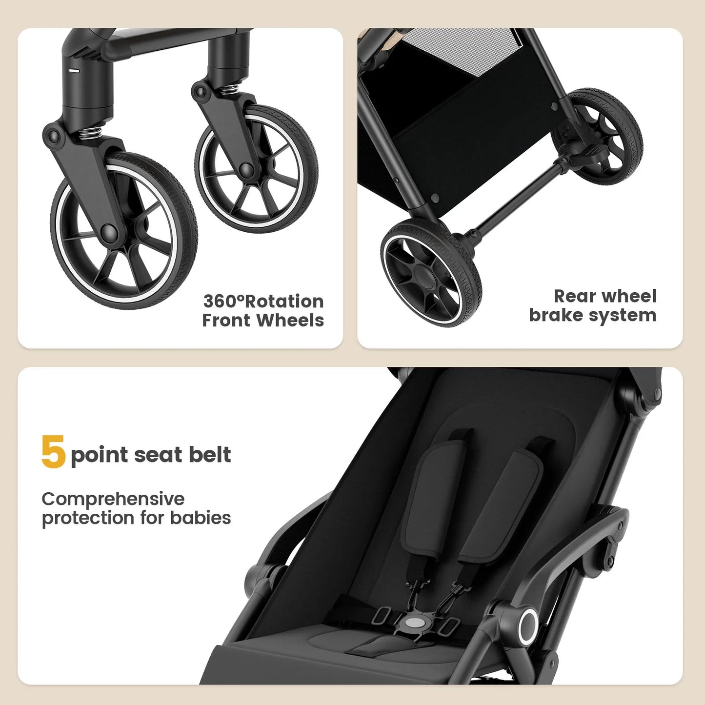 Standard Stroller  Seat, Foldable Portable Newborn Stroller ,Luxury Baby Carriage Suit Baby,Toddlers,360°Swivel Seat