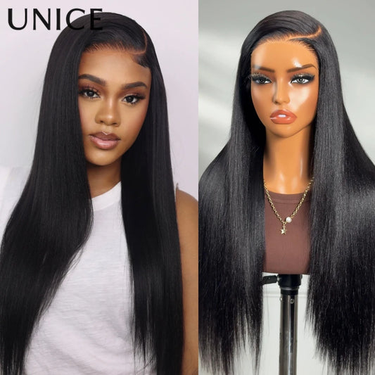 UNice Hair Natural Color Yaki Straight Human Hair Wig Pre Cut Pre Bleached 7x5 Lace Glueless Wig & V Part Wig 150% Density