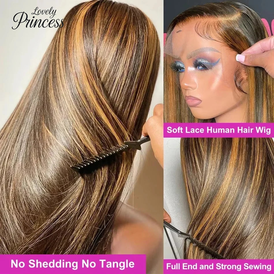 200 Density P4/27 Highlight Frontal Lace Preplucked Colored Straight Frontal Wig 40 Inch HD Transparent Lace Human Hair Wigs