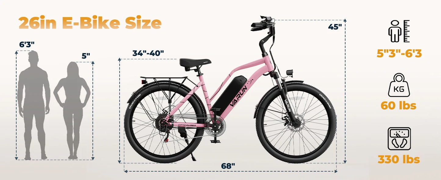 VARUN CITY CRUISER Electric Bicycle 500W Motor Adult E-Bike 48V 7.8AH Battery Women Electric Bike 26 lnch Tire Mountain E-Bike