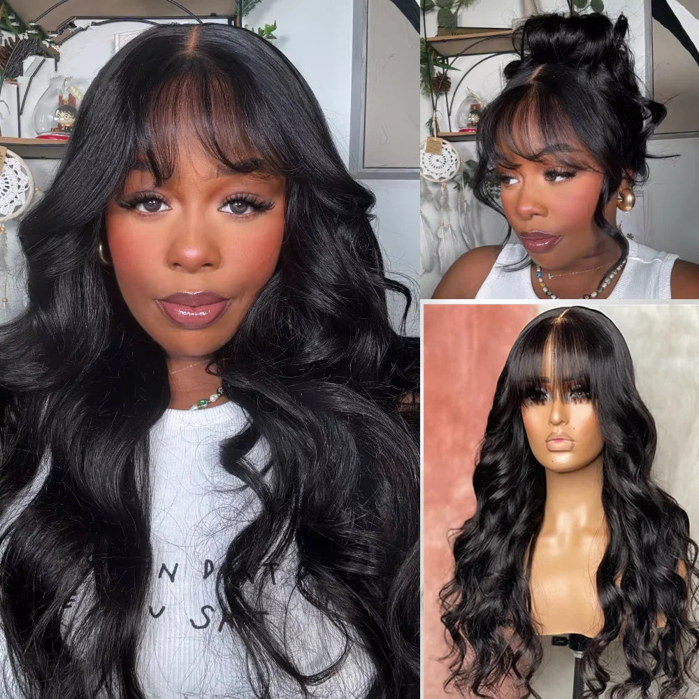 3x1 Lace Middle Part Body Wave Human Hair Wig With Bangs Brazilian Remy Loose Wave Machine Made Fringe Wig For Women on Sale