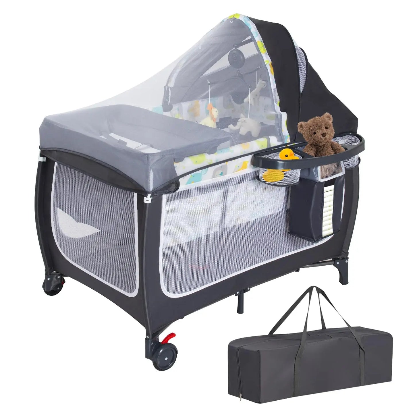 4 in 1 Pack and Play,Portable Baby Crib Deluxe Nursery Center, Foldable Travel Playard with Bassinet,Adjustable Canopy