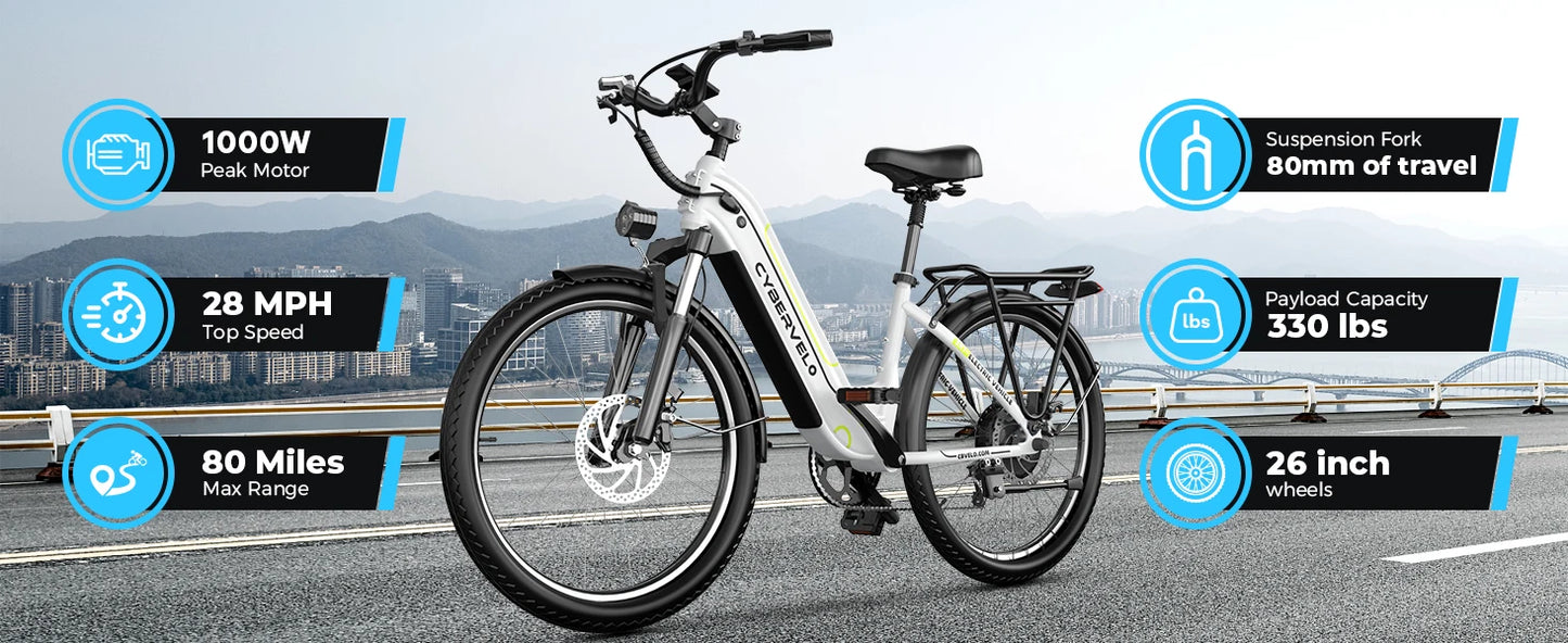 Cybervelo EK7 26" City Commuter, 80 Miles 25AH Detachable Battery 1000W Peak Long Range E-Bike, 7-Speed Shift Gear Electric Bike