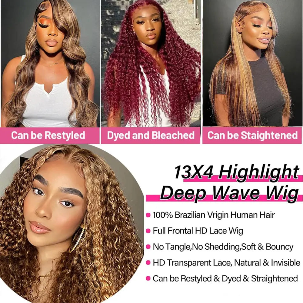 Ombre Highlight Curly Lace Front Human Hair Wigs 250% 13x4 HD Transparent Deep Wave Frontal Wig P4/27 5x5 Gluless Closure Wigs