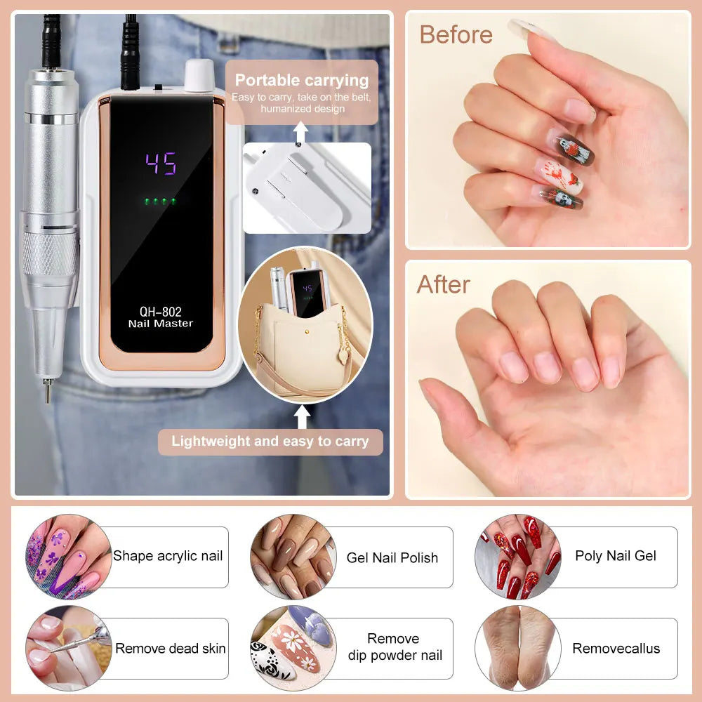 45000RPM Electric Nail Drill File Professional for Acrylic Gel Dip Powder Nails Portable Machine Kit for Manicure Pedicure Tools