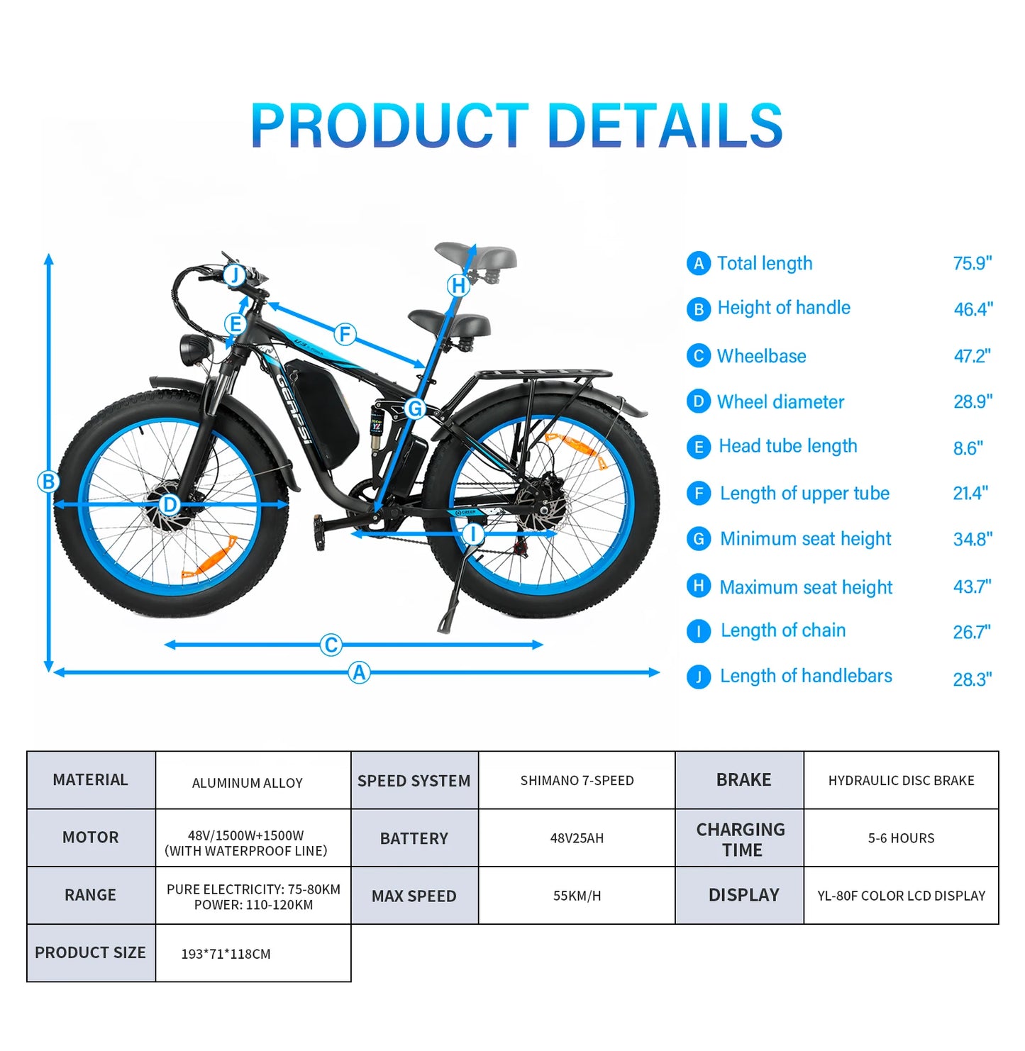 BAOLUJIE DP-2603 Adult E-bike 1500W*2 Motor 48V25Ah Battery Commute Electric Bike 26-inch Fat Tire E-Mountain Bike 21 Speeds