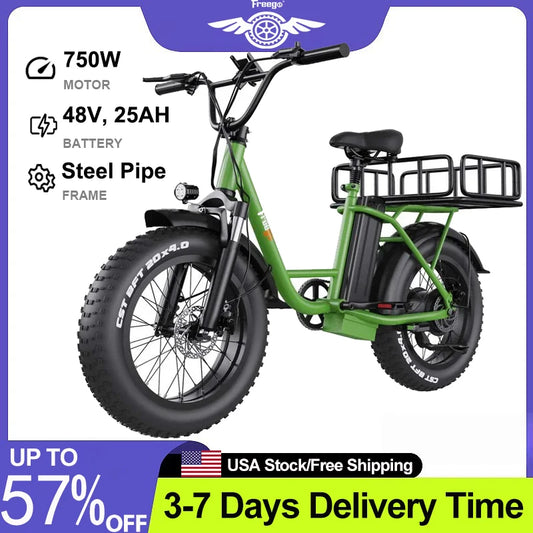 Freego Electric Dirt Bike for Adults 20" x 4 Fat Tire Electric Bicycle 48V 25AH Battery with Front and Rear Cargo Rack 2 Seater