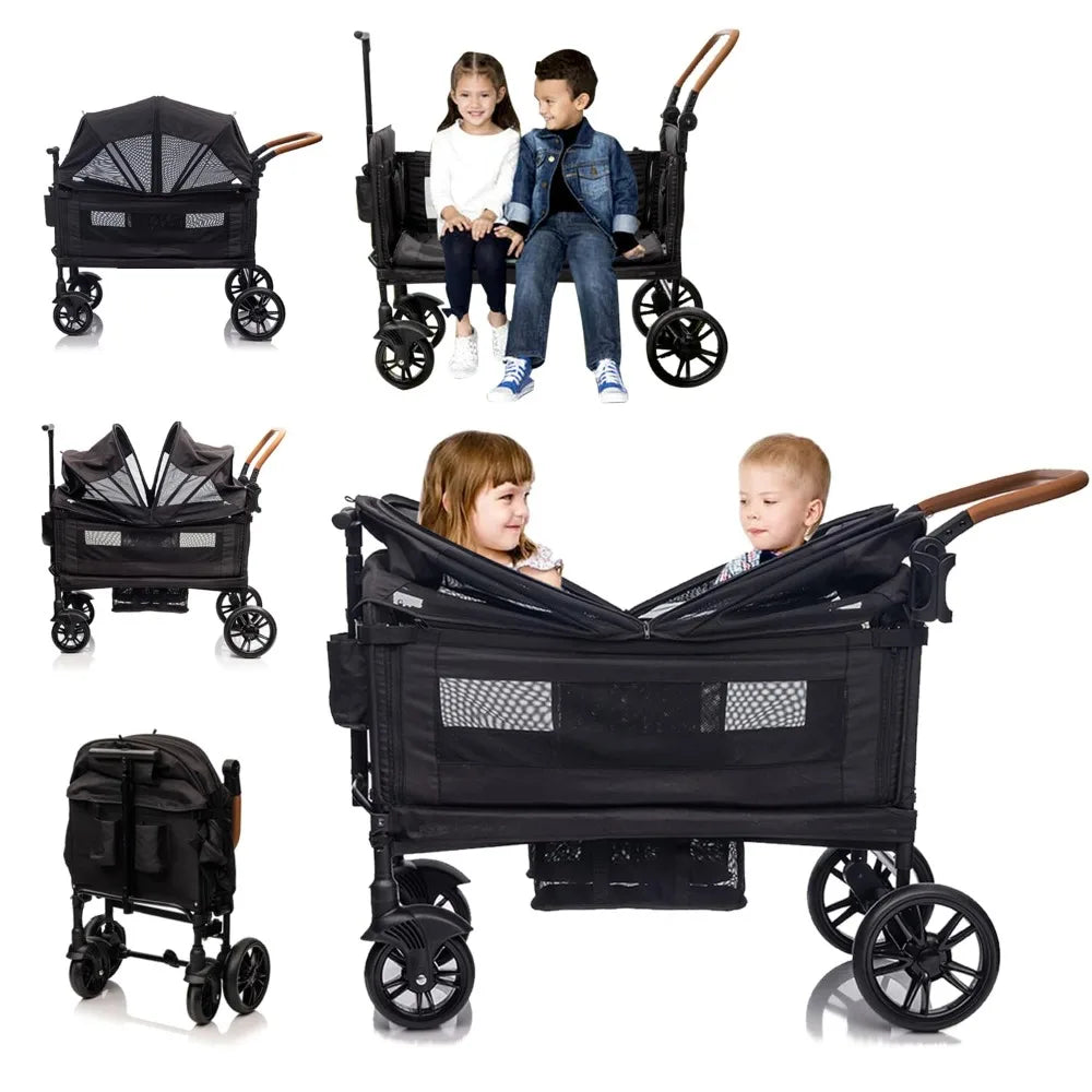 Wagon Stroller for 2 Kids & Cargo-Travel Stroller Push-Pull Double Wagon Lightweight Folding Stroller