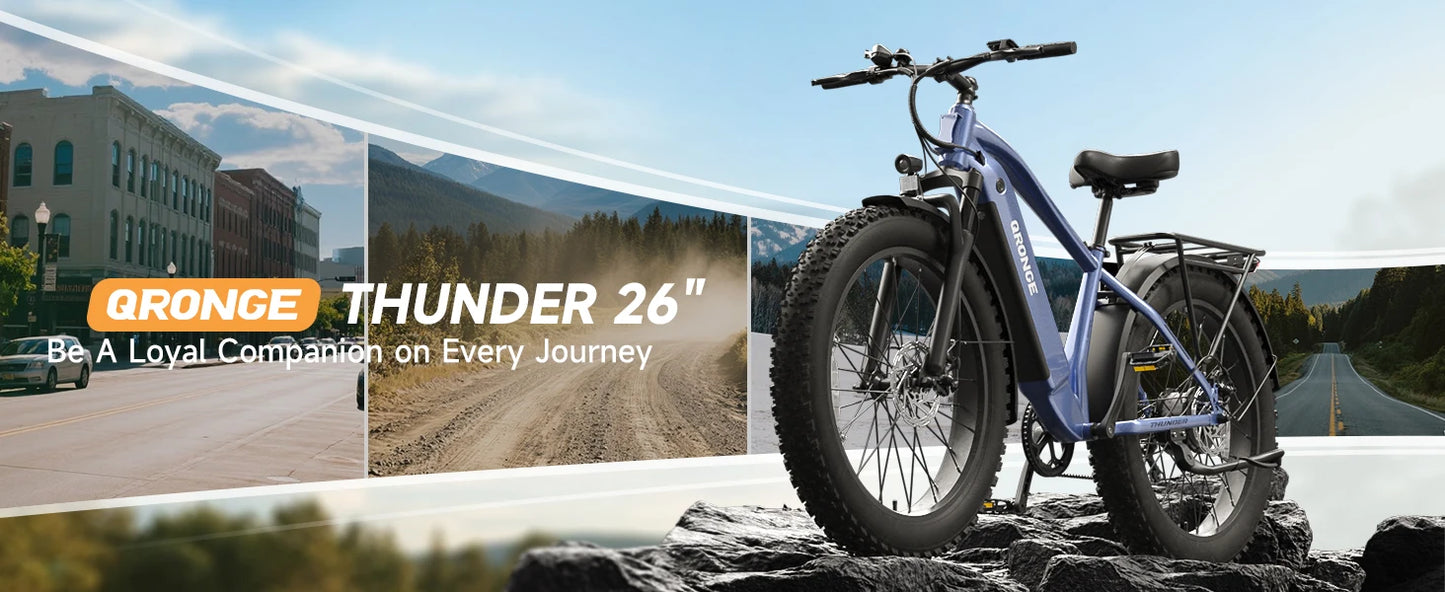 QRONGE Thunder Electric Bike for Adults 1800W Peak 48V 15AH Battery E bike 28MPH(PAS Mode) Electric Bicycles 26" Fat Tire E-Bike