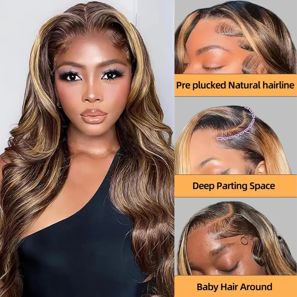 Highlight Ombre Lace Front Wig Human Hair Body Wave 13x4 HD Lace Front Wigs 200 Density Honey Blonde 4/27 Lace Wigs Human Hair