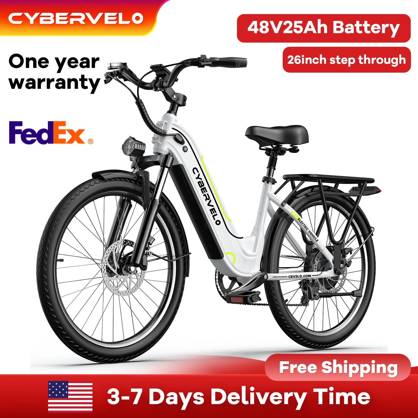 Cybervelo EK7 26" City Commuter, 80 Miles 25AH Detachable Battery 1000W Peak Long Range E-Bike, 7-Speed Shift Gear Electric Bike