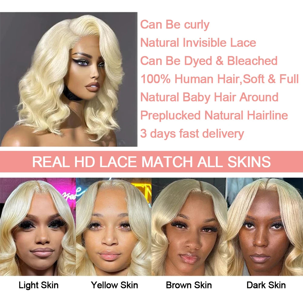 613 Blonde Lace Front Wig Human Hair Body Wave 13X6 Hd Lace Frontal Wig Short Bob Lace Front Human Hair Wig Hd Lace Wig 16 Inch