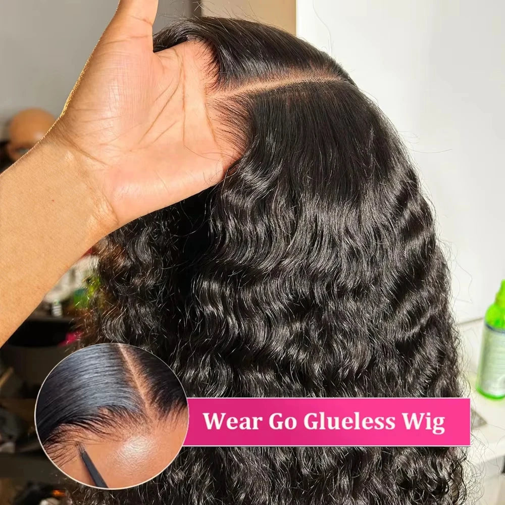 Deep Wave Wear & Go Glueless Pre-Cut Lace Wig Pre-Plucked Natural Black Water Wave Glueless Wig Curly Human Hair Wigs For Women
