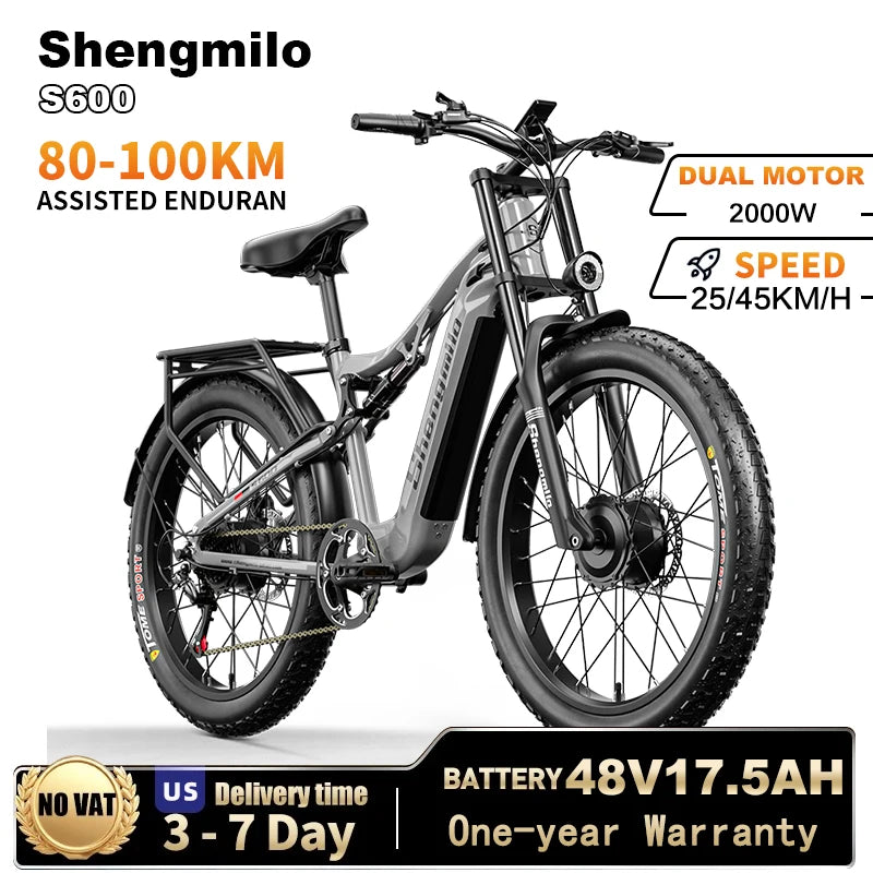 Shengmilo S600 Adult Electric Mountain Bike - 2000W Dual Motors 48V17.5AH Battery 26 Inch Wide Tire E-Bike for Men