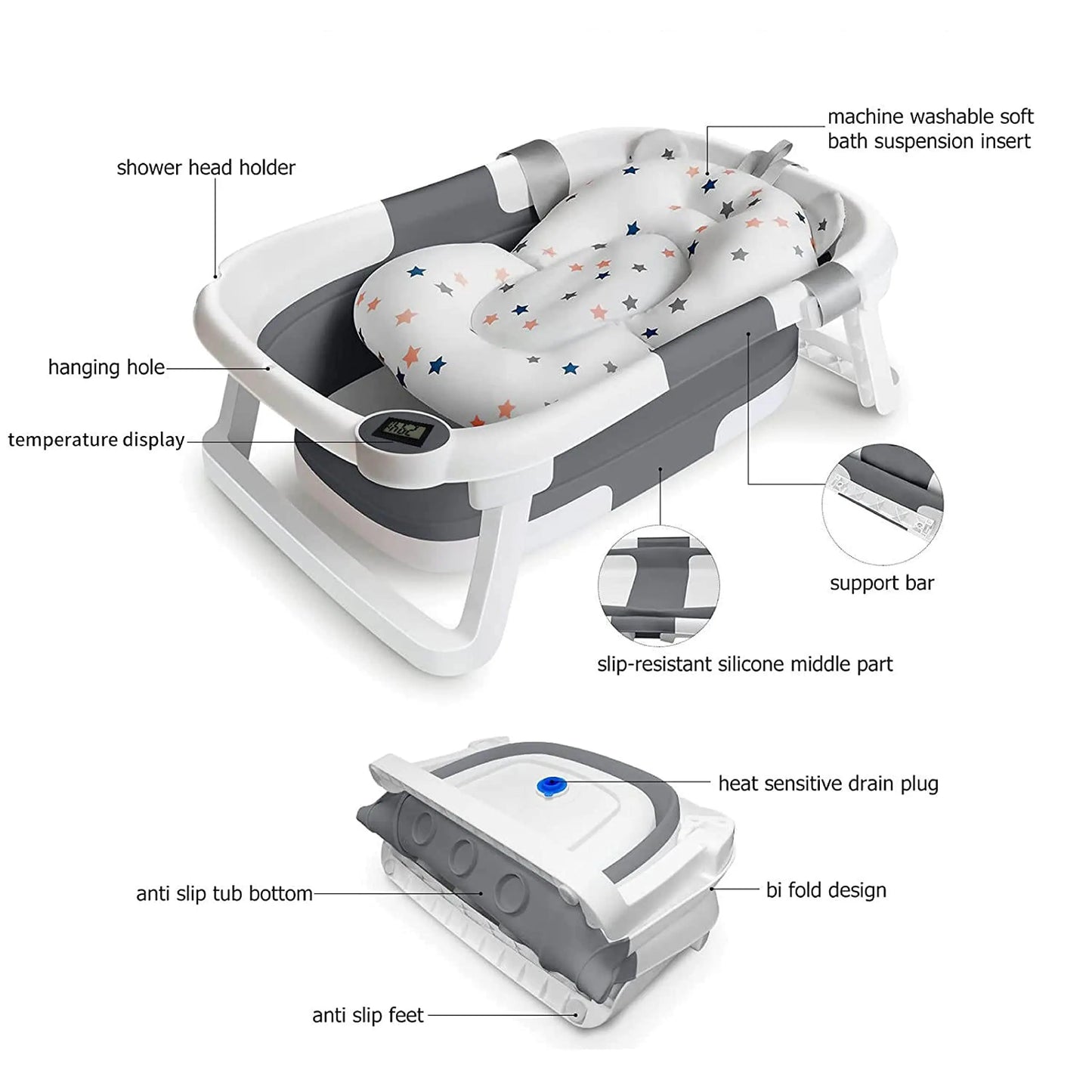 Eco-friendly Baby Bath with Temperature Indicator,Foldable Baby Bathtub for Newborn Baby Bath Tub,Infant Bath Tub with bath mat
