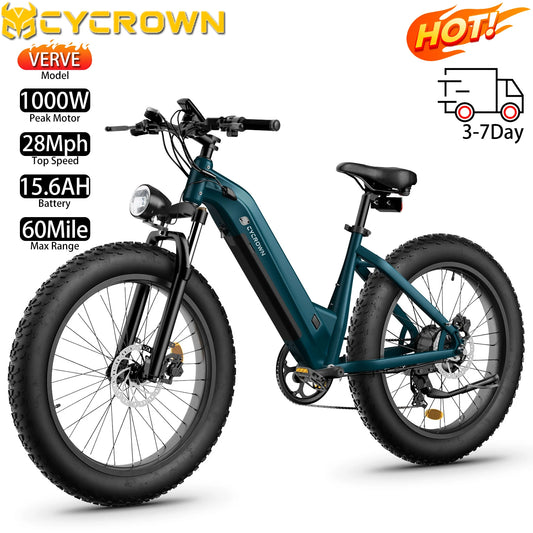 Electric Bike For Adults CYCROWN CYCVEVRE 26x4" 1000W Motor Top Speed 28Mph 48V 15.6AH Range 60Miles Max Load 330Ibs New