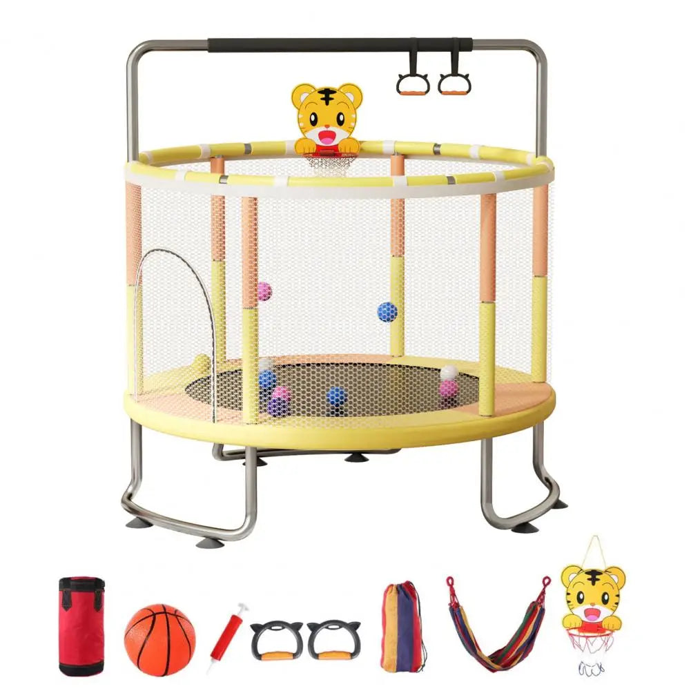 5FT Kids Indoor Outdoor Trampoline, Baby Toddler Trampoline with Basketball Hoop, Swing, Sandbag, Ocean Balls, Enclosure Net