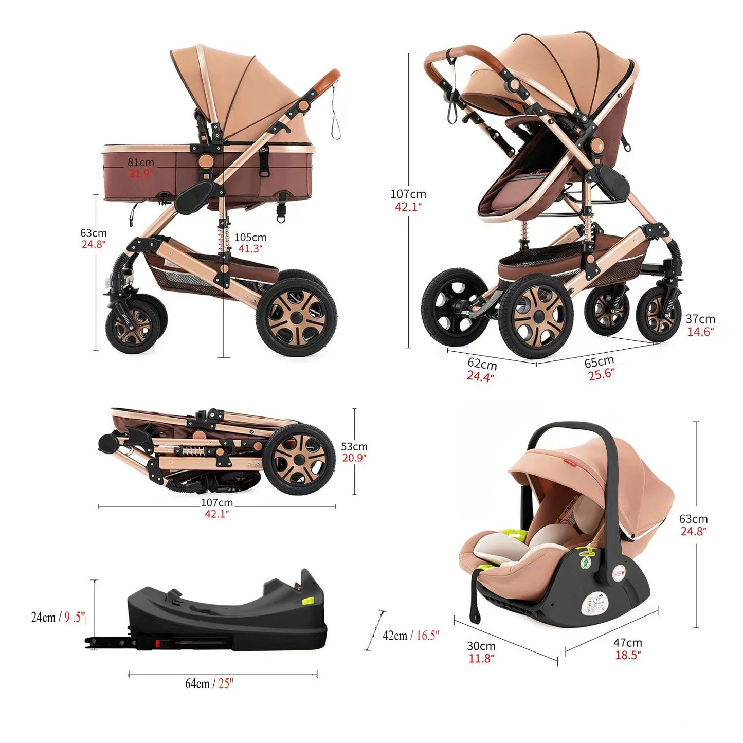 Baby Stroller Combo Car Seat,Baby Travel System with Isofix Base,Baby Carriage 3in1 Reversible Foldable Standard Stroller