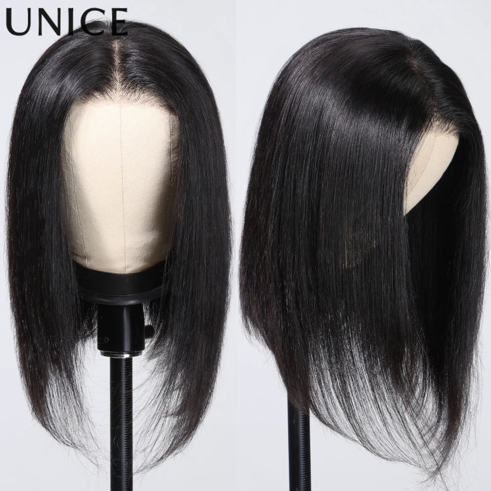 UNice 7x5 Pre Cut Pre Bleached Glueless Wig Human Hair Bone Straight & Yaki Straight Bob Wigs 150% Density