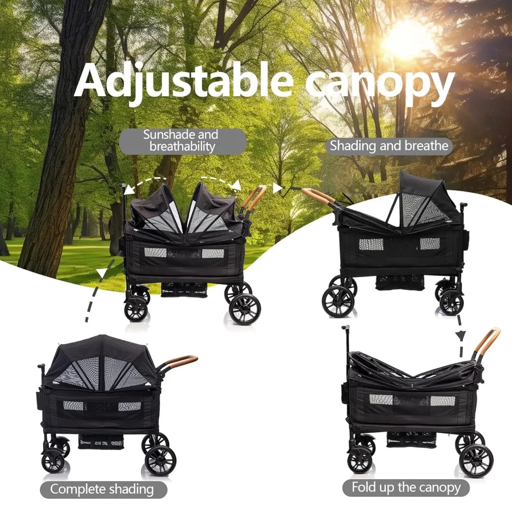 Wagon Stroller for 2 Kids & Cargo-Travel Stroller Push-Pull Double Wagon Lightweight Folding Stroller