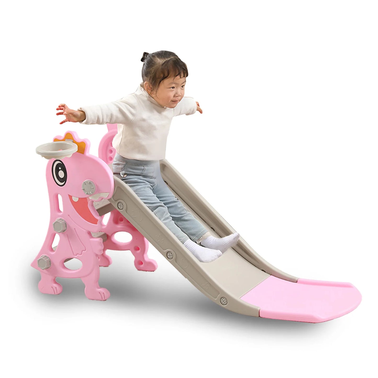 Toddler Indoor Slide for Age 1 To 8 Years Old Dinosaur Shape Non Slip Stairs Kids Slide with Basketball Hoop Climber Kids Slide