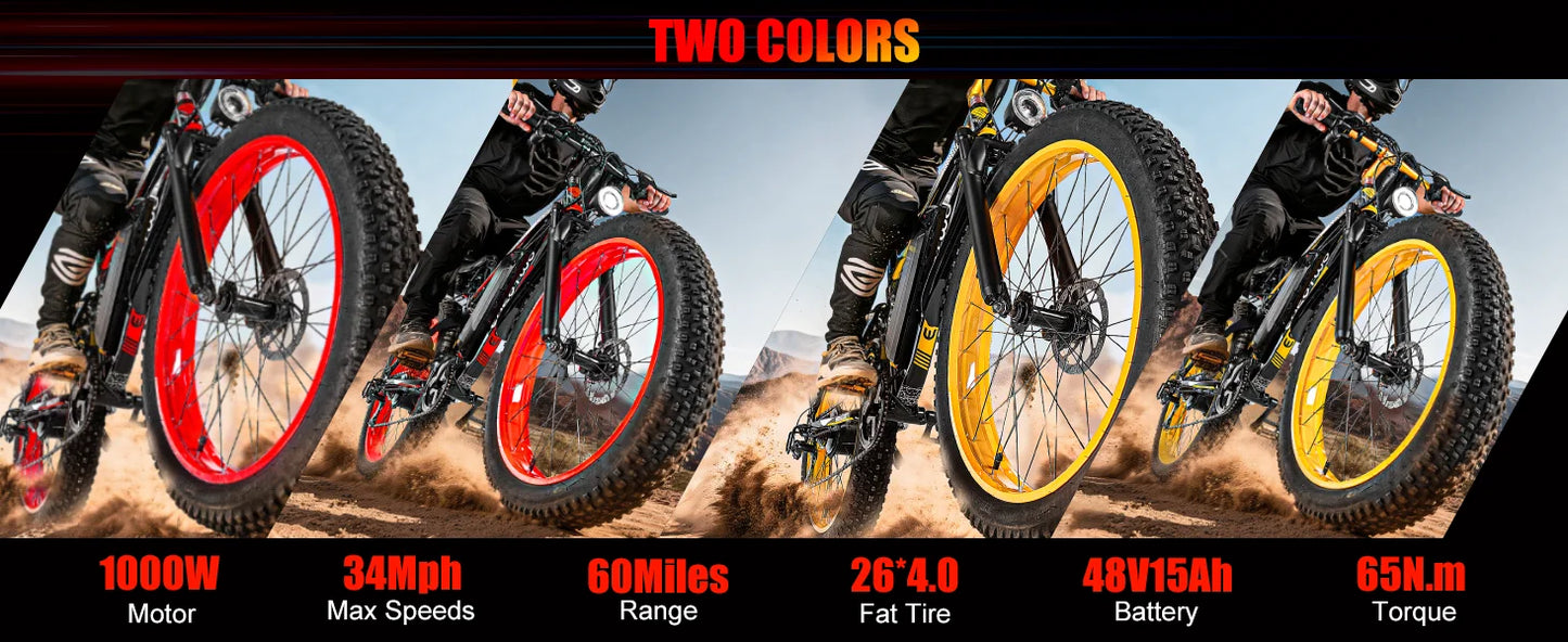 EOEOTWO E01 Electric Bike Adult 26" Fat Tire 1500W Peak Motor Electric Bicycle 34Mph Mountain E Bike 60Mile Range 48V15AH E Bike